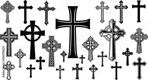Christian Cross Symbol Collection Featuring Celtic, Gothic, and Minimal Styles Isolated Black and White Religious Vector Illustration Set