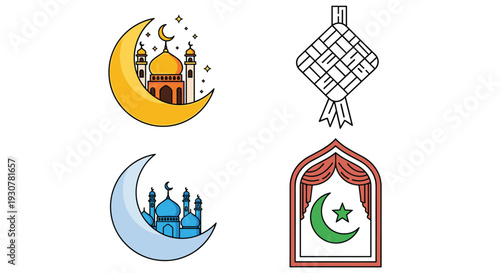 Icon Set Happy Eid Mubarak, modern flat vector showing family happiness, generosity, and joyful Eid Mubarak celebration