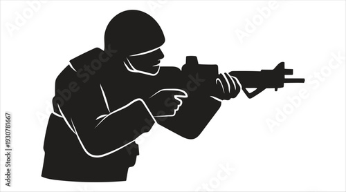 Silhouette of a soldier aiming a rifle in a tactical stance
