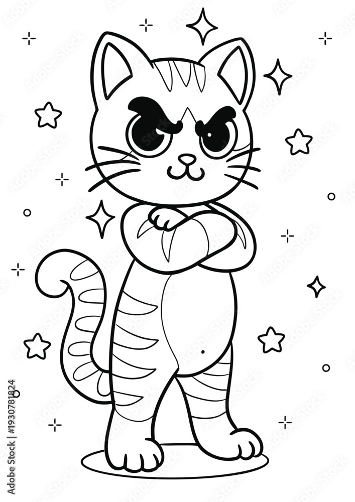 Fototapeta premium Black and white outline drawing of a mischievous cartoon cat standing with crossed arms, surrounded by stars, perfect for a coloring page.
