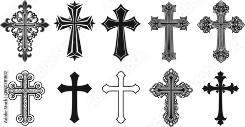 Ornate Christian Cross Icon Collection Featuring Decorative Gothic and Vintage Styles Isolated Black and White Religious Vector Illustration Set