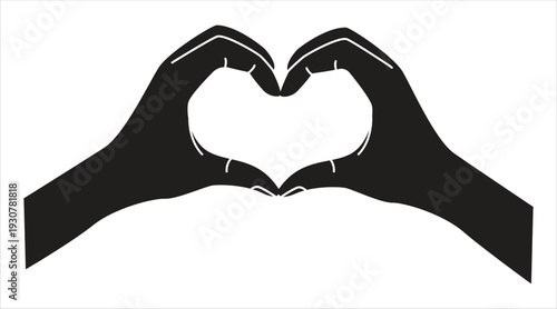 Black silhouette hands forming a heart shape on white background