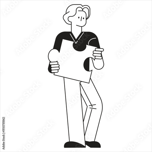 A cartoon man holding and pointing at a blank white sign board
