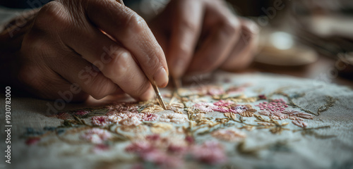 Handmade floral embroidery process with delicate needlework on textile for traditional craftsmanship and sustainable fashion industry