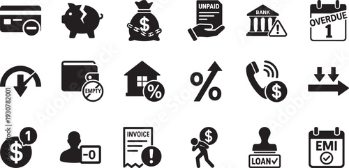 Debt icon set in thin line style for finance, loans, credit, money management, and banking design.