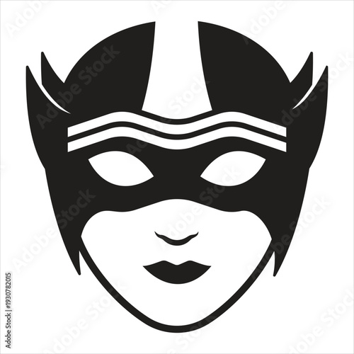 Black and white illustration of a superhero mask face