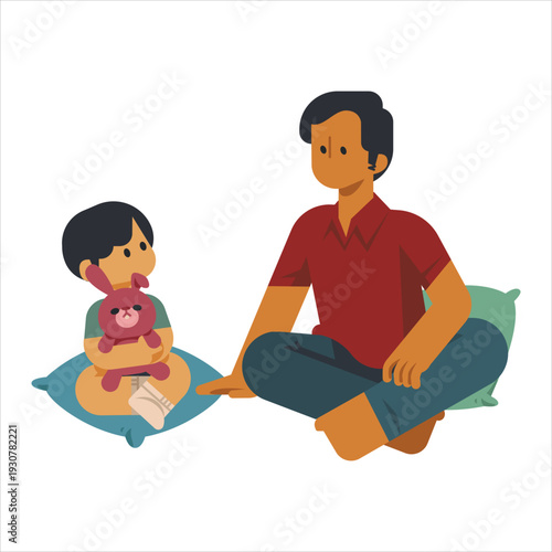 Father and child sitting together on pillows indoors happily