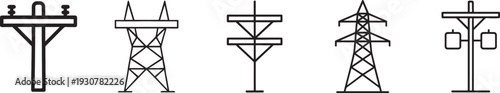 Electric tower thin line icon set for power, energy, transmission, and utility infrastructure design.