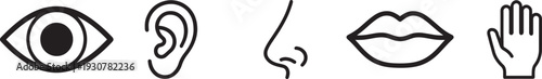 Five human senses icon set in thin line style representing sight, hearing, taste, touch, smell.