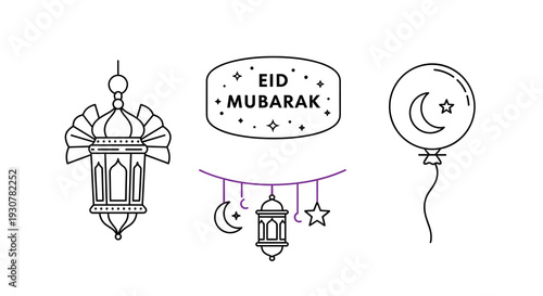 Icon Set Happy Eid Mubarak, modern flat vector showing family happiness, generosity, and joyful Eid Mubarak celebration