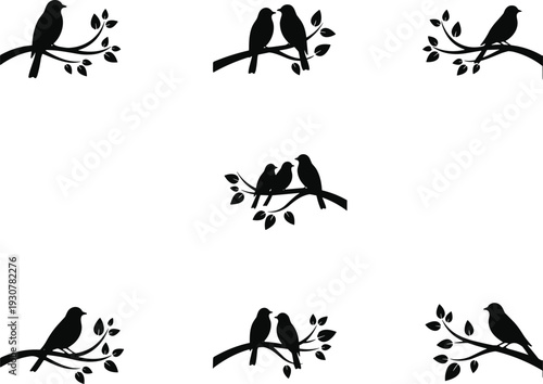 Black silhouette birds on tree branches with leaves bird silhouettes black and white