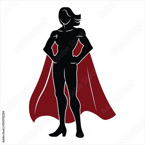 Confident female superhero silhouette in red cape standing strong