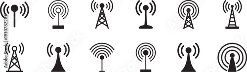 Antenna tower icon set in thin line style for communication, signal, network, and telecom design.