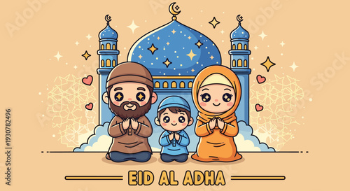 Happy Eid Mubarak, modern flat vector showing family happiness, generosity, and joyful Eid Mubarak celebration