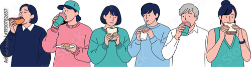 Set of diverse people eating sandwiches and drinking coffee in flat vector style