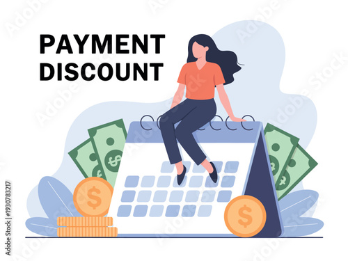 A woman sitting on a laptop with payment discount offers and money symbols around her.