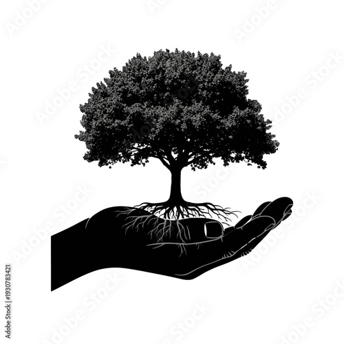Tree Cradled in a Hand: Symbol of Environmental Care, Roots, and Growth.