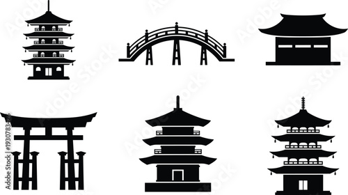 Set of Japanese architecture icons, pagoda silhouettes, traditional temple symbols, torii gate vector, oriental bridge illustrations, and Asian cultural landmark graphics