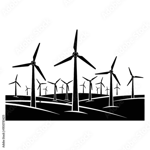 Sunny wind farm with multiple turbine towers across rolling fields.
