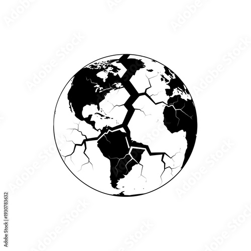 Cracked Black and White Globe Illustration Highlighting Earth, Continents, and Global Fracture.