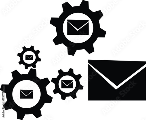Email marketing automation concept with black gears and envelopes symbols on white