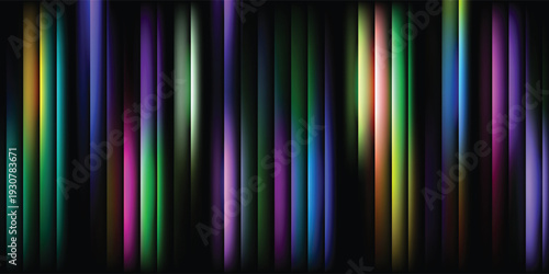 colorful luminous vertical beams with glossy glow on dark backdrop, vibrant spectrum light streaks.