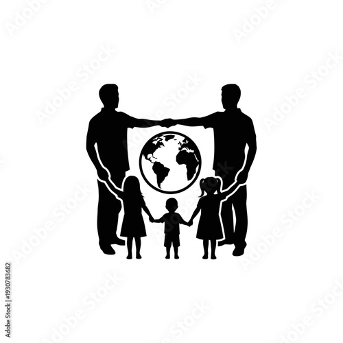 Silhouetted adults and children around a globe symbolizing global unity and cooperation.