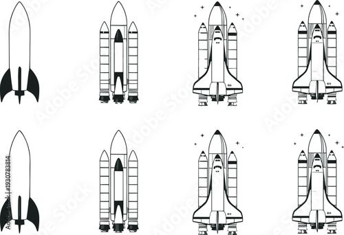 Silhouette vector illustration of rocket evolution, simple to complex designs, boosters and shuttle details, technological advancement concept, outer space exploration graphic, futuristic art