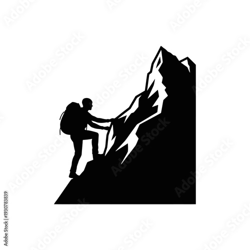 Climber ascending a rocky cliff in a dramatic outdoor landscape, silhouette of mountaineering effort.