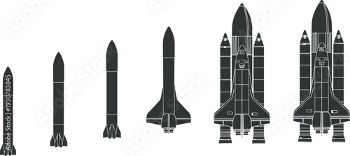 Silhouette vector illustration of rockets and space shuttles, evolution of launch vehicles, boosters and fuel tanks, technological advancement concept, outer space exploration design