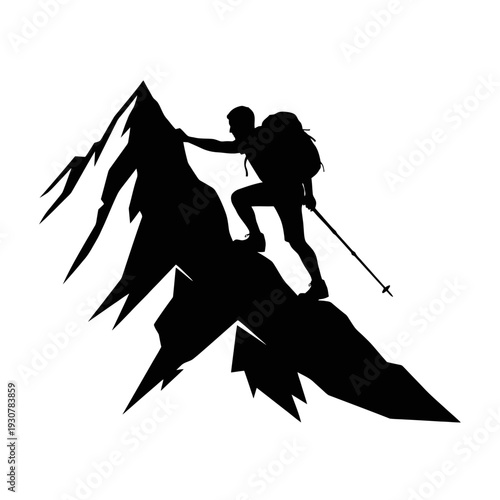 Silhouette of a climber ascending a rugged mountain peak.