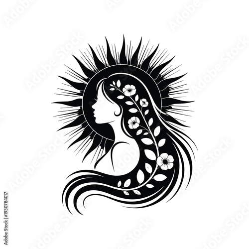 Mystical woman portrait with sun aura and floral hair design symbolizing nature and femininity
