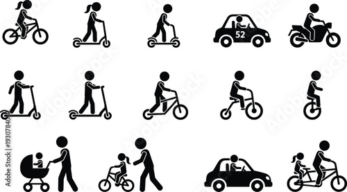 Set of Transportation and Outdoor Activity Stick Figure Icons Featuring Bicycles Scooters Cars Motorcycles Strollers and Tandem Bikes for Infographic Design