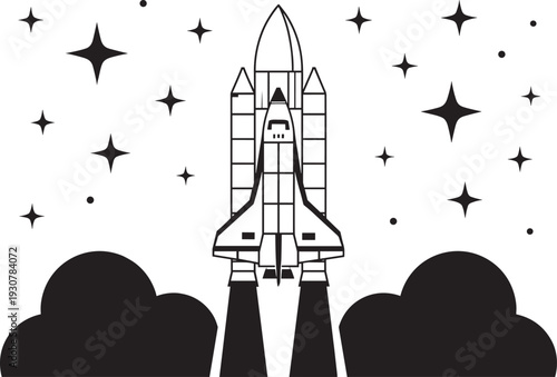 Silhouette vector illustration of space shuttle launching, rocket boosters and fuel tank, exhaust plumes, stars background, outer space exploration concept, technology advancement design
