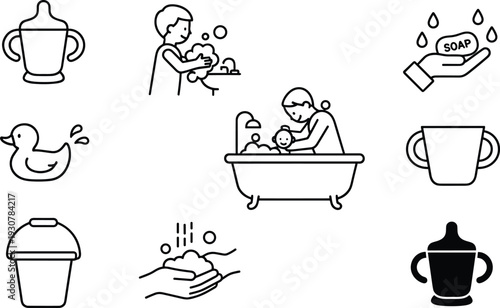 Set of Minimalist Baby Care Hygiene Icons Featuring Bathtime Hand Washing Soap Rubber Duck and Sippy Cups for Parenting Graphic Design