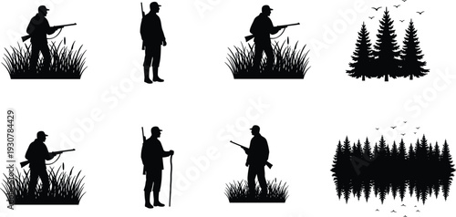 Black silhouettes of hunters with rifles and trees