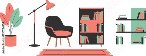 Flat vector interior design elements set including mid century modern armchair, bookshelf with books, floor lamp, potted plant, and rug for home decor.