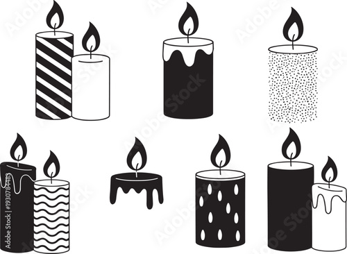 Silhouette vector illustration of decorative candles, burning flames, striped, dotted, dripping wax, textured designs, festive celebration concept, ornamental lighting graphic, holiday decor design