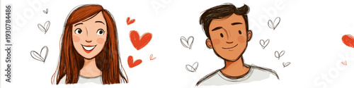 Smiling cartoon boy and girl with red hearts floating above them, depicting true love. Happy cartoon couple showing love and affection