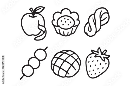 Line art illustration featuring various fruits and sweet treats