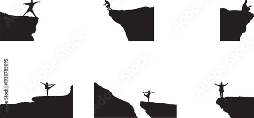 Silhouette of a Person Standing on the Edge of a Cliff, Celebrating Victory and Overcoming Challenges, Powerful Symbol of Achievement and Triumph in Nature