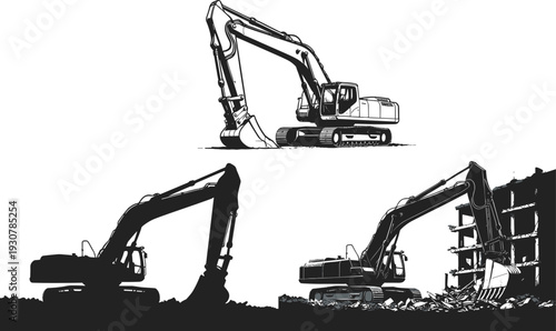 Silhouette vector illustration of excavators, construction machinery with bucket and arm, demolition equipment concept, earth‑moving design, heavy industry graphic, building site art
