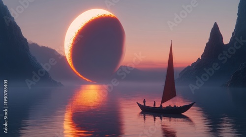Wallpaper Mural A small boat sails towards a giant sun-like orb over a misty sea Torontodigital.ca