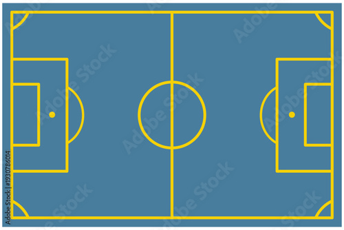 Top view of a soccer field layout for tactical strategy and game formation sports design