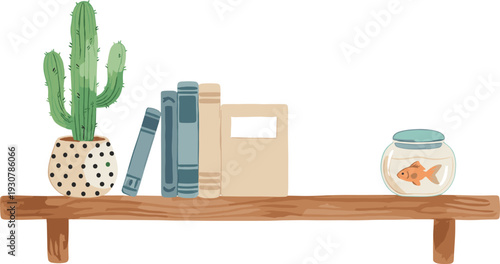 Minimalist flat illustration of wooden wall shelf with cactus plant, stacked books, and goldfish bowl, cozy home decor scene with soft colors and clean design