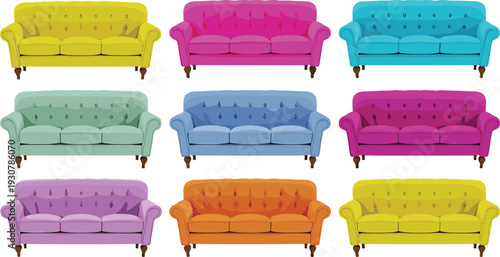Large set of nine colorful flat vector sofa icons featuring tufted back upholstery and wooden legs in yellow, pink, blue, green, and orange