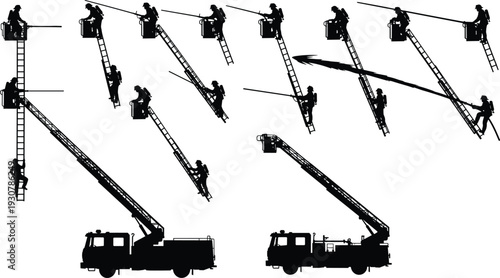 Black silhouettes of workers on ladders and trucks white background