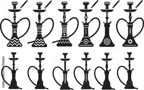 Silhouette vector illustration of hookahs, ornate patterned designs with hoses, simple minimalist silhouettes, smoking culture concept, decorative shisha art, traditional waterpipe graphic