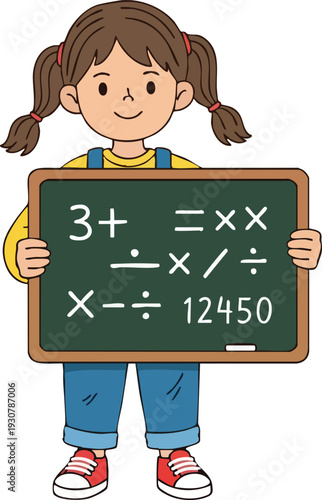Cute cartoon girl holding a blackboard with math equations.