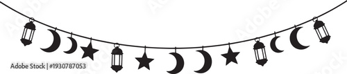 Decorative string lights with Islamic lanterns, crescent moons and stars for Ramadan celebration